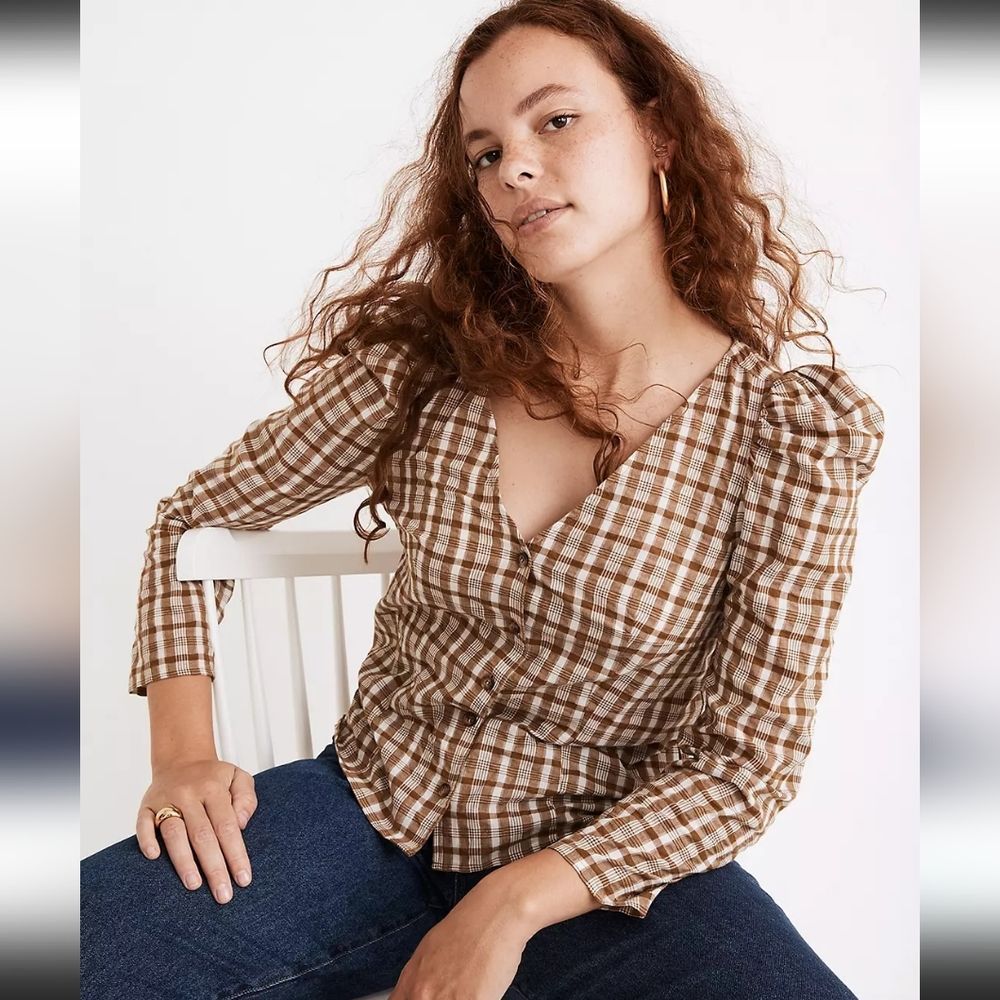 Madewell Brown and White Gingham Wrap Blouse